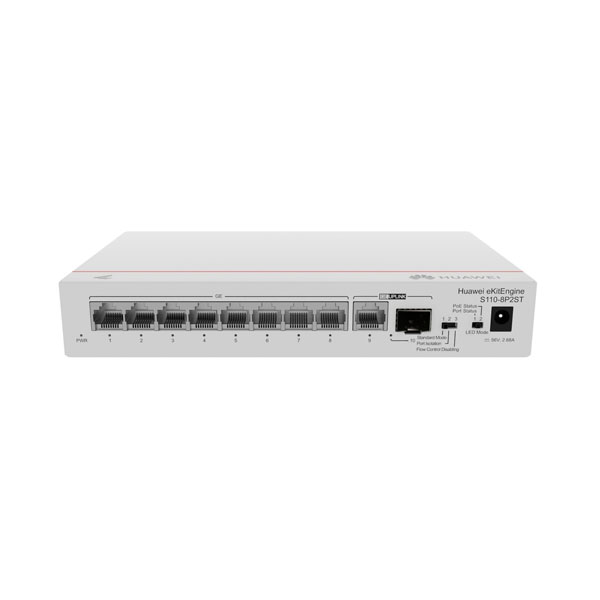 S110-8P2ST Huawei S110-8P2ST Unmanaged Gigabit Ethernet Switch – 8×10/100/1000BASE-T PoE+ Ports (124W), 1×GE SFP Port, 1×GE Electrical Port, Fanless, AC Power Adapter Included Price in Dubai UAE - Image 1